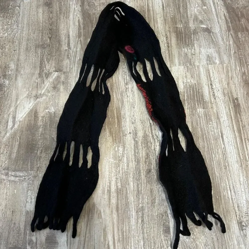 Handmade boho, avant-garde artisan felted scarf with patchwork design and fringe